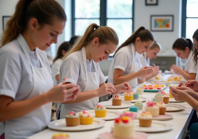 Students enthusiastically learning to decorate cakes and pastries in a brightly lit Cinnamon Coast workshop.