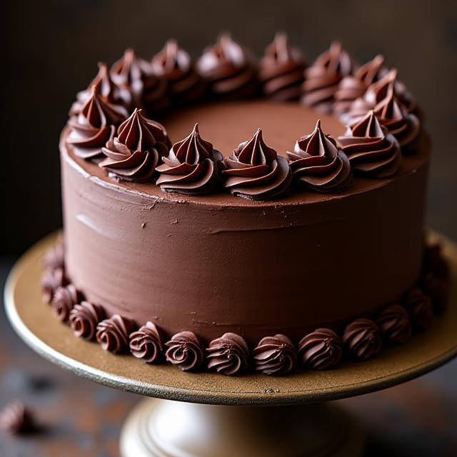Rich chocolate fudge celebration cake with smooth ganache and delicate chocolate curls.