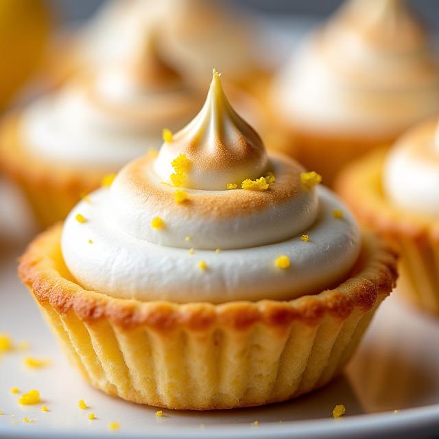 Miniature lemon meringue tarts with perfectly toasted peaks, glistening with zest.
