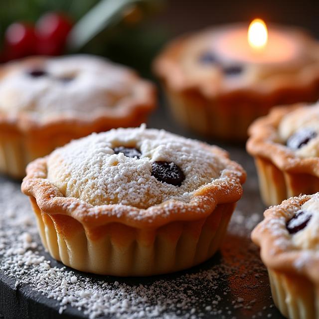 Festive mince pies dusted generously with icing sugar, ready for the holiday season.