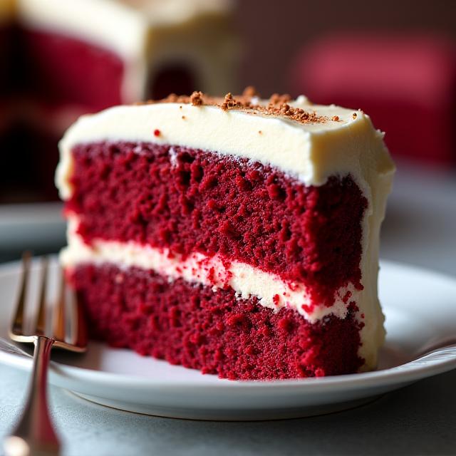 A decadent slice of red velvet cake, showcasing its vibrant red sponge and smooth cream cheese frosting.