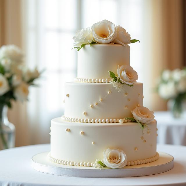 Elegant three-tier wedding cake adorned with delicate sugar flowers and subtle pearl details.