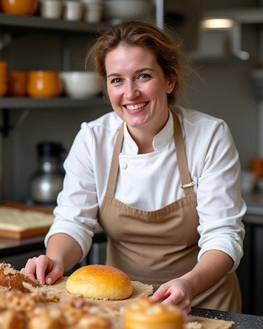 Head baker of Cinnamon Coast smiling in her bustling London kitchen, surrounded by freshly baked goods.