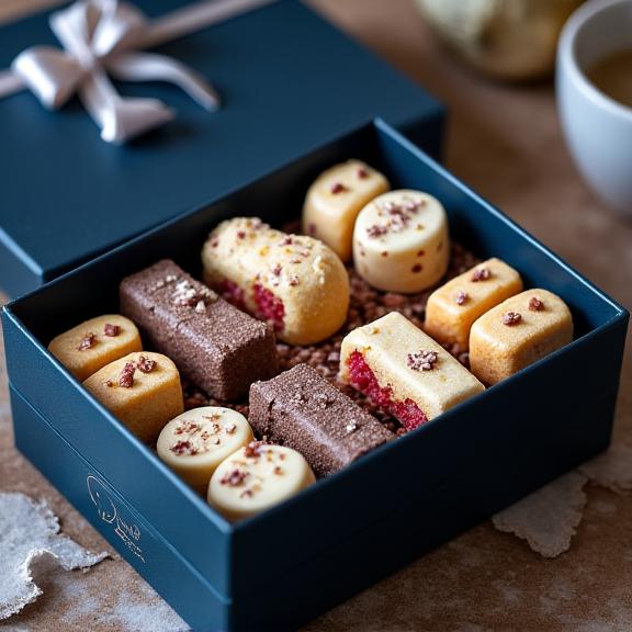 An elegant gift box filled with individually wrapped, branded biscuits and artisanal confections, perfect for corporate clients.