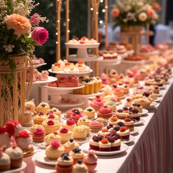 A lavish and artfully arranged dessert table, laden with an array of miniature cakes, pastries, and sweet treats for a grand party.