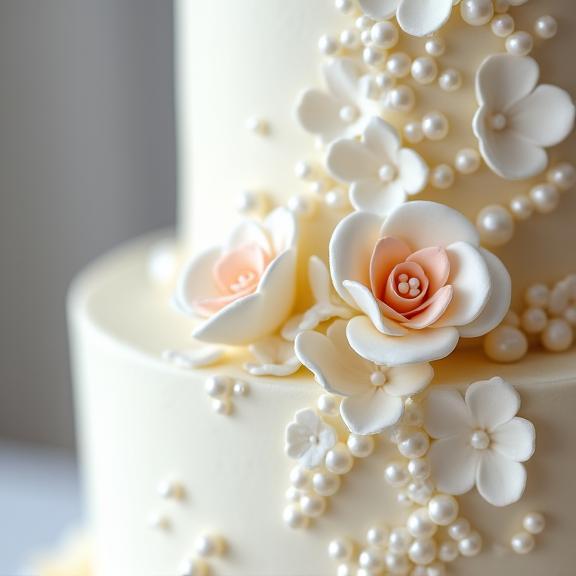 Close-up detail of intricate sugar flowers and subtle pearl embellishments cascading down a multi-tiered wedding cake.